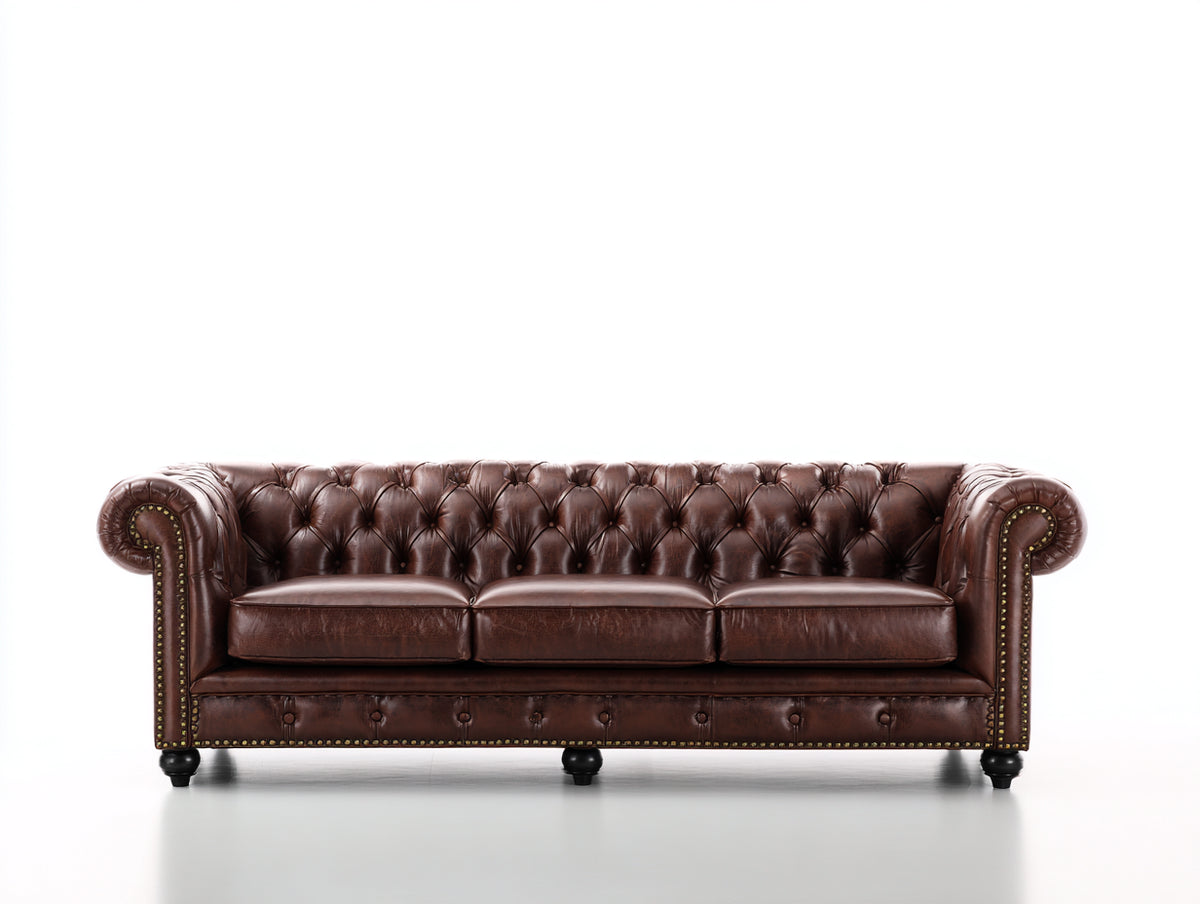 Canapé 3 places - Cuir - 223 x 94 x 78 cm - Brun chocolat - Style Chesterfield capitonné