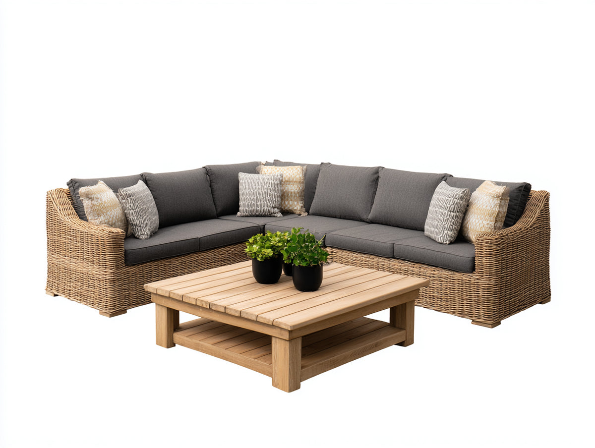 Canapé de jardin - Rotin-Bois-Tissu - 268 x 208 x 81 cm - Beige doré-Gris anthracite - Naturel contemporain
