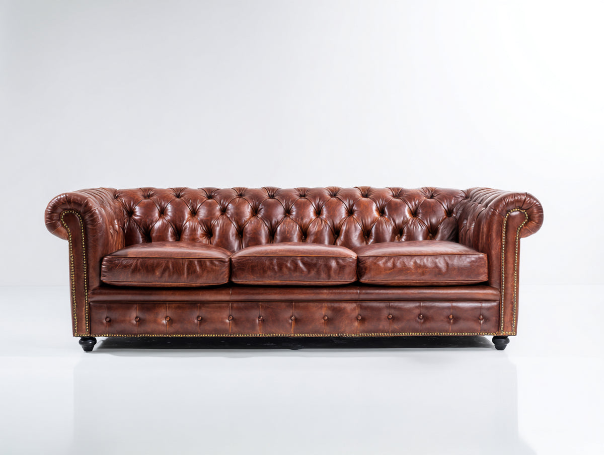 Canapé 3 places - cuir - 225x94x77 cm - brun vieilli - style Chesterfield