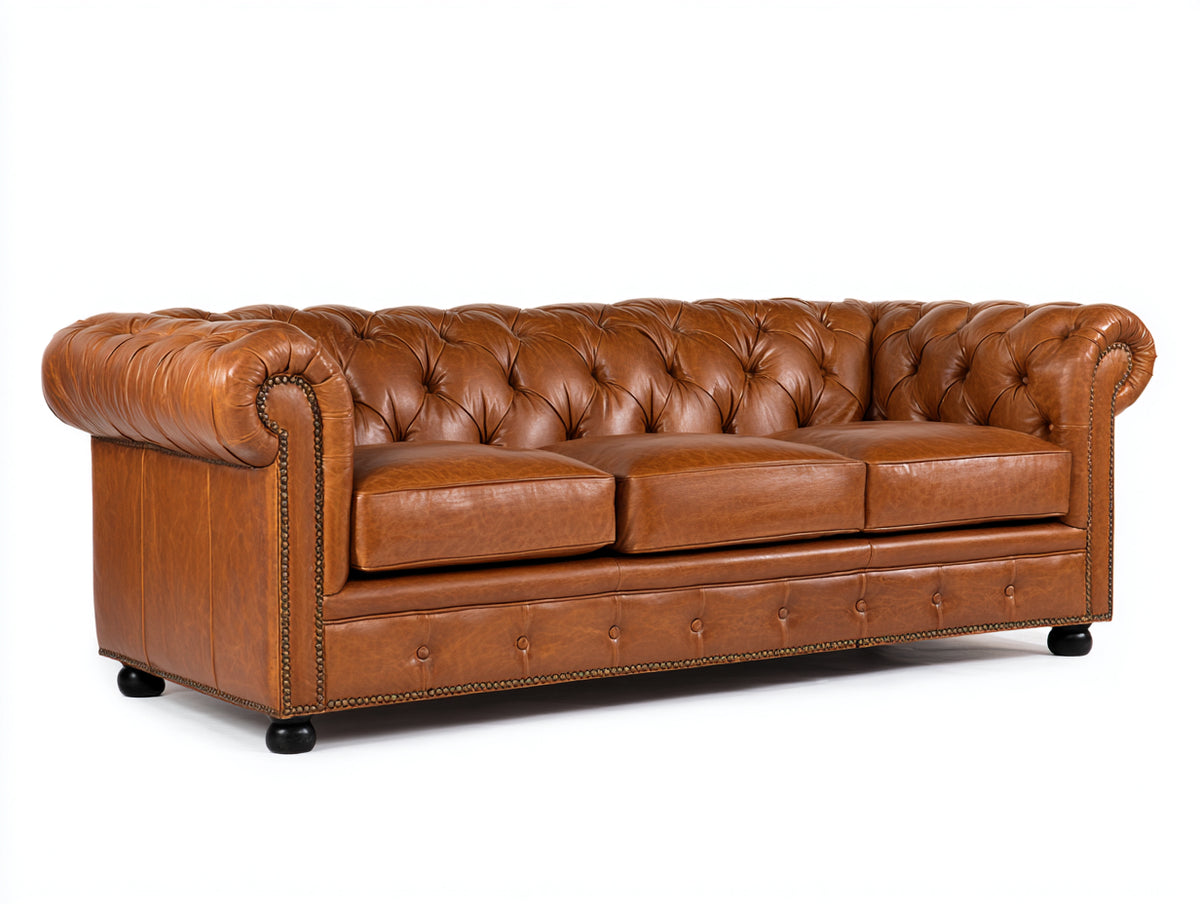 Canapé 3 places - cuir - 224x94x78 cm - cognac - style Chesterfield