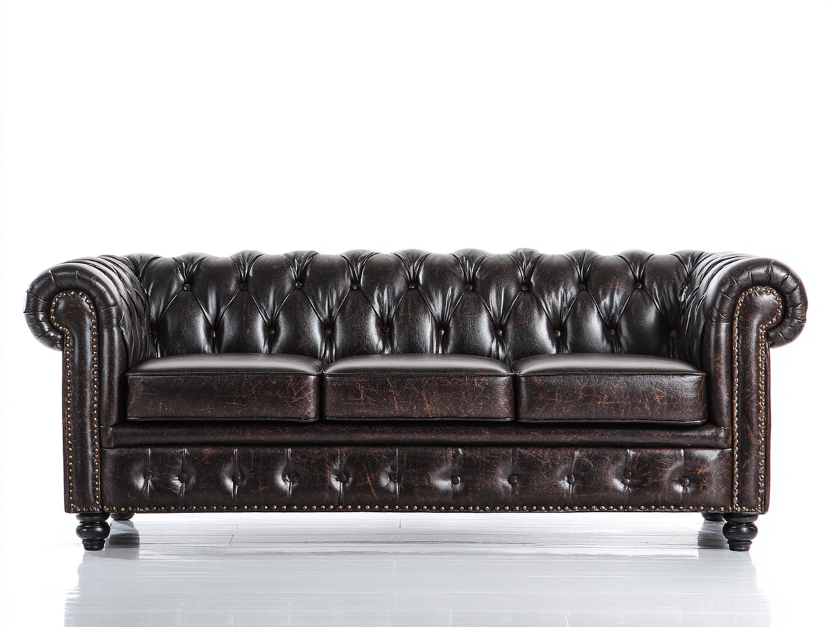 Canapé 3 places - Cuir - 218 x 92 x 79 cm - Brun noir - Style Chesterfield capitonné