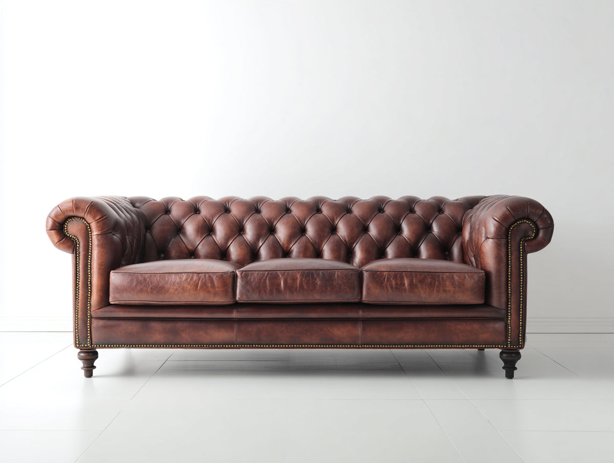 Canapé 3 places - cuir - 217x90x79 cm - brun vieilli - style Chesterfield