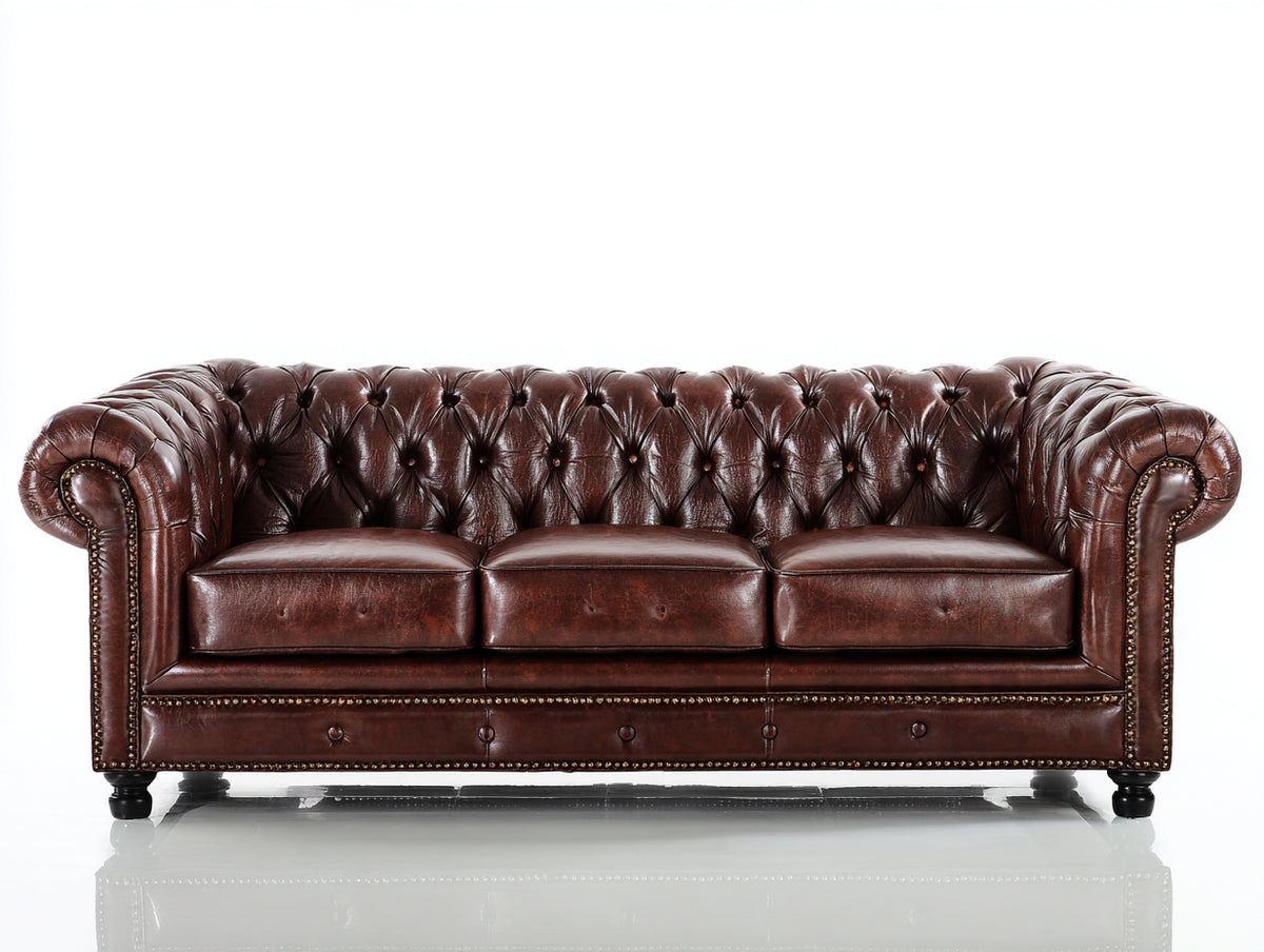 Canapé 3 places - cuir - 226x95x79 cm - marron foncé - style Chesterfield
