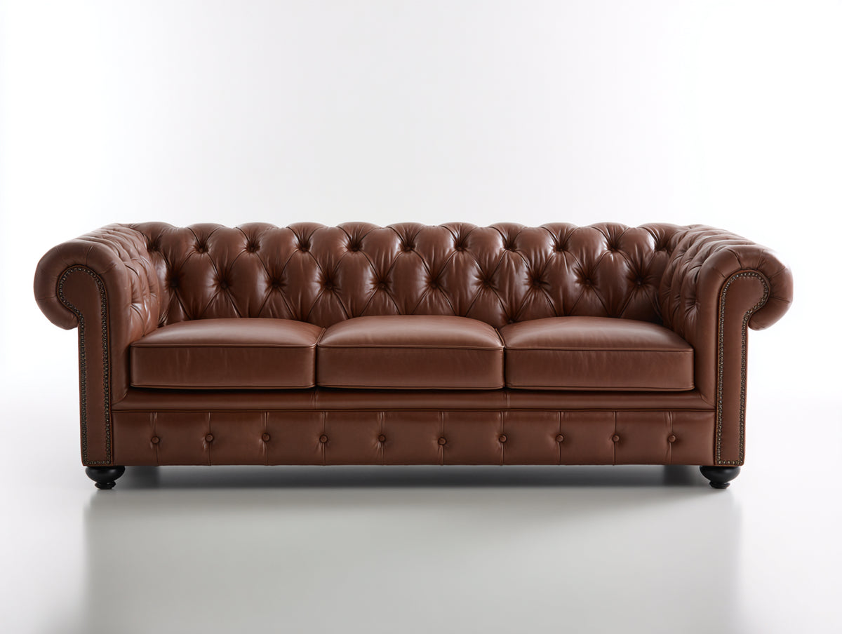 Canapé 3 places - cuir - 220x92x78 cm - marron - style Chesterfield