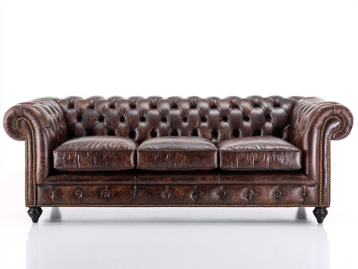 Canapé 3 places - Cuir - 224 x 95 x 81 cm - Brun noyer - Style Chesterfield capitonné