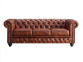 Canapé 3 places - Cuir - 219 x 92 x 78 cm - Brun acajou - Style Chesterfield capitonné