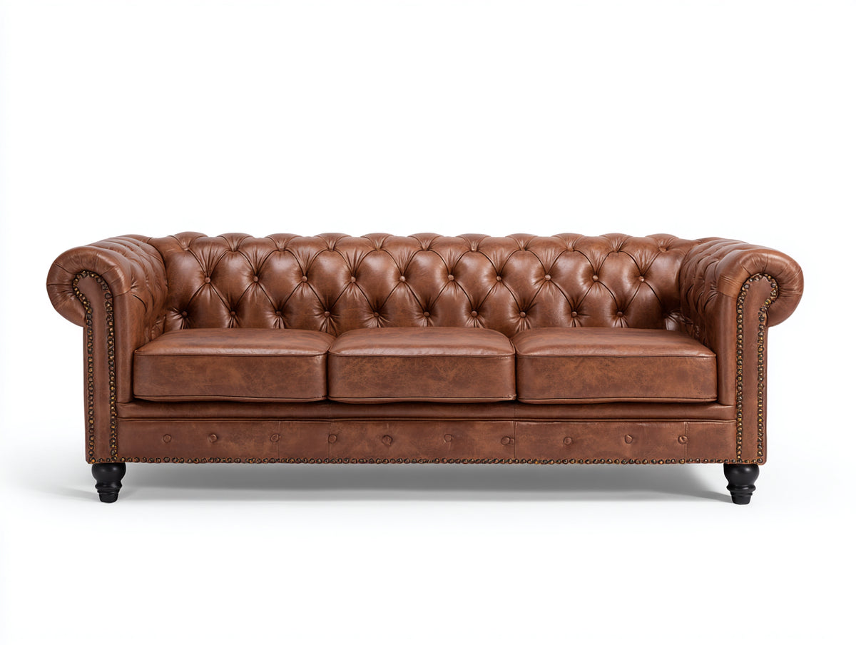 Canapé 3 places - cuir - 218x91x80 cm - cognac - style Chesterfield
