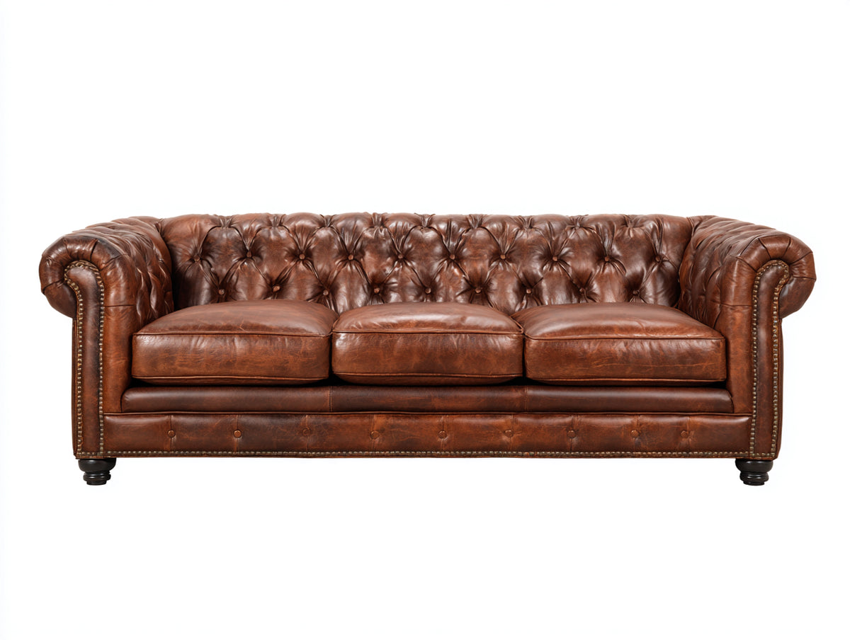 Canapé 3 places - Cuir - 224 x 93 x 80 cm - Brun caramel - Style Chesterfield capitonné