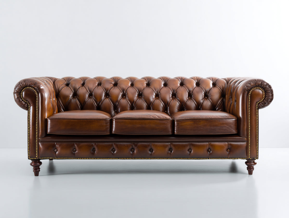 Canapé 3 places - cuir - 221x91x82 cm - marron - style Chesterfield