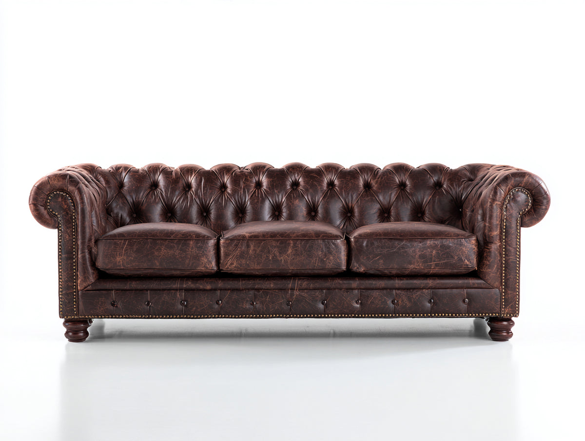 Canapé 3 places - Cuir - 217 x 91 x 77 cm - Brun foncé - Style Chesterfield capitonné