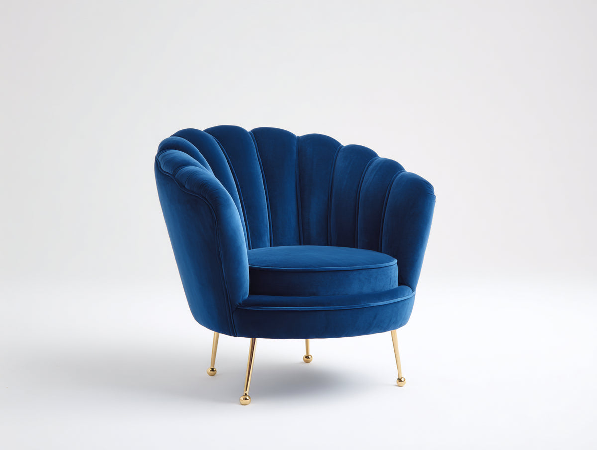 Fauteuil - Velours - 89 x 86 x 87 cm - Bleu royal - Style Art déco à dossier coquillage