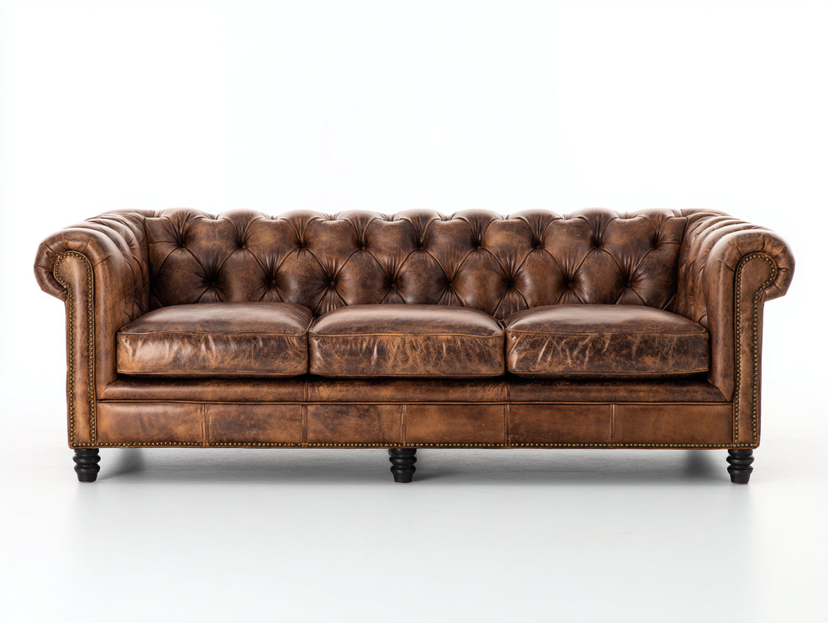 Canapé 3 places - Cuir - 221 x 94 x 79 cm - Brun cognac - Style Chesterfield capitonné