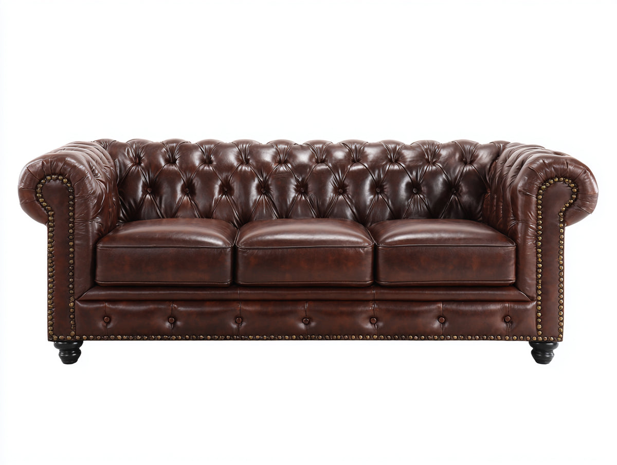 Canapé 3 places - Cuir - 218 x 92 x 78 cm - Brun foncé - Style Chesterfield capitonné