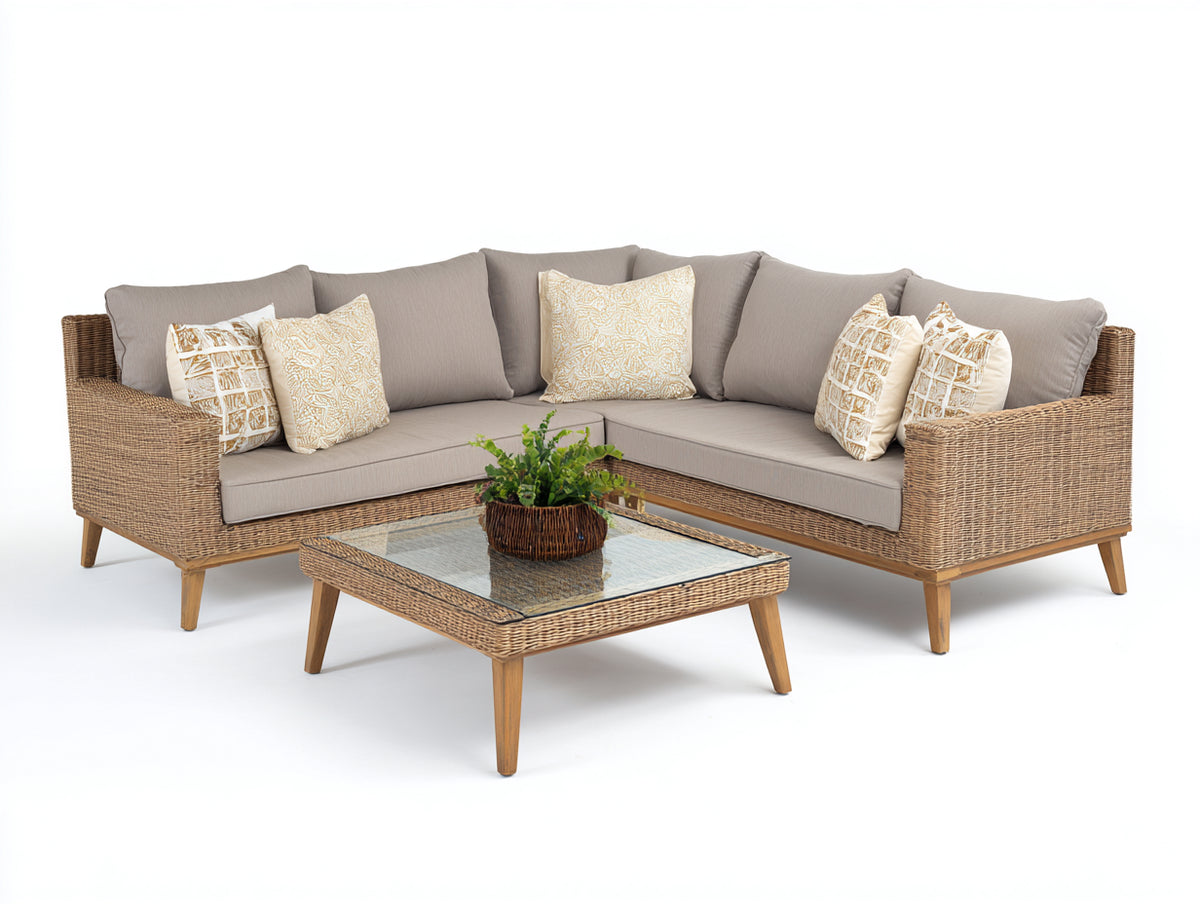 Canapé de jardin - Rotin-Verre-Tissu - 232 x 232 x 82 cm - Beige grisé-Gris - Contemporain
