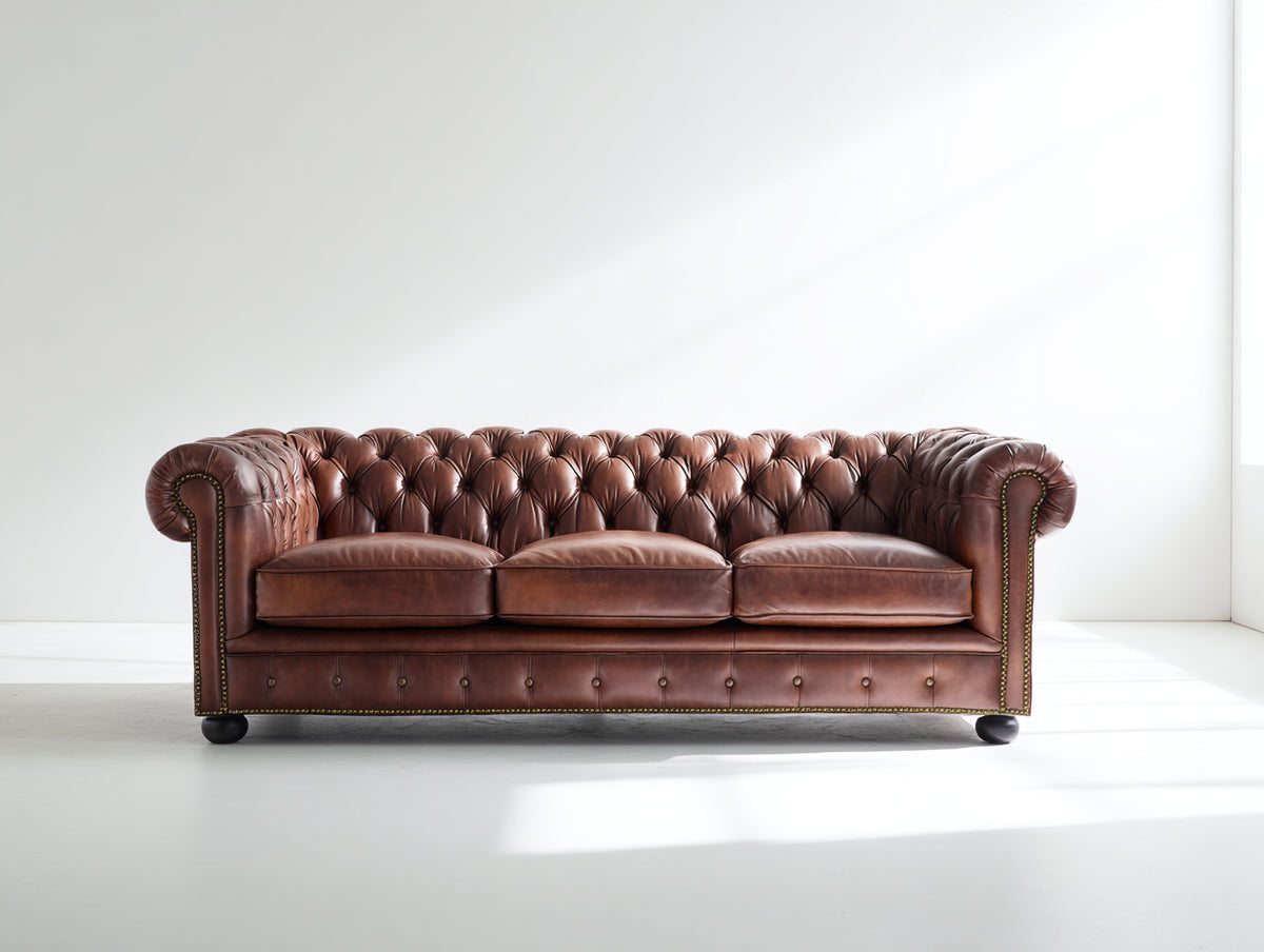 Canapé 3 places - cuir - 219x92x76 cm - marron - style Chesterfield