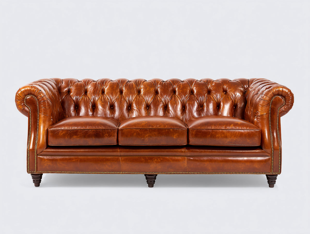 Canapé 3 places - cuir - 223x93x81 cm - cognac - style Chesterfield