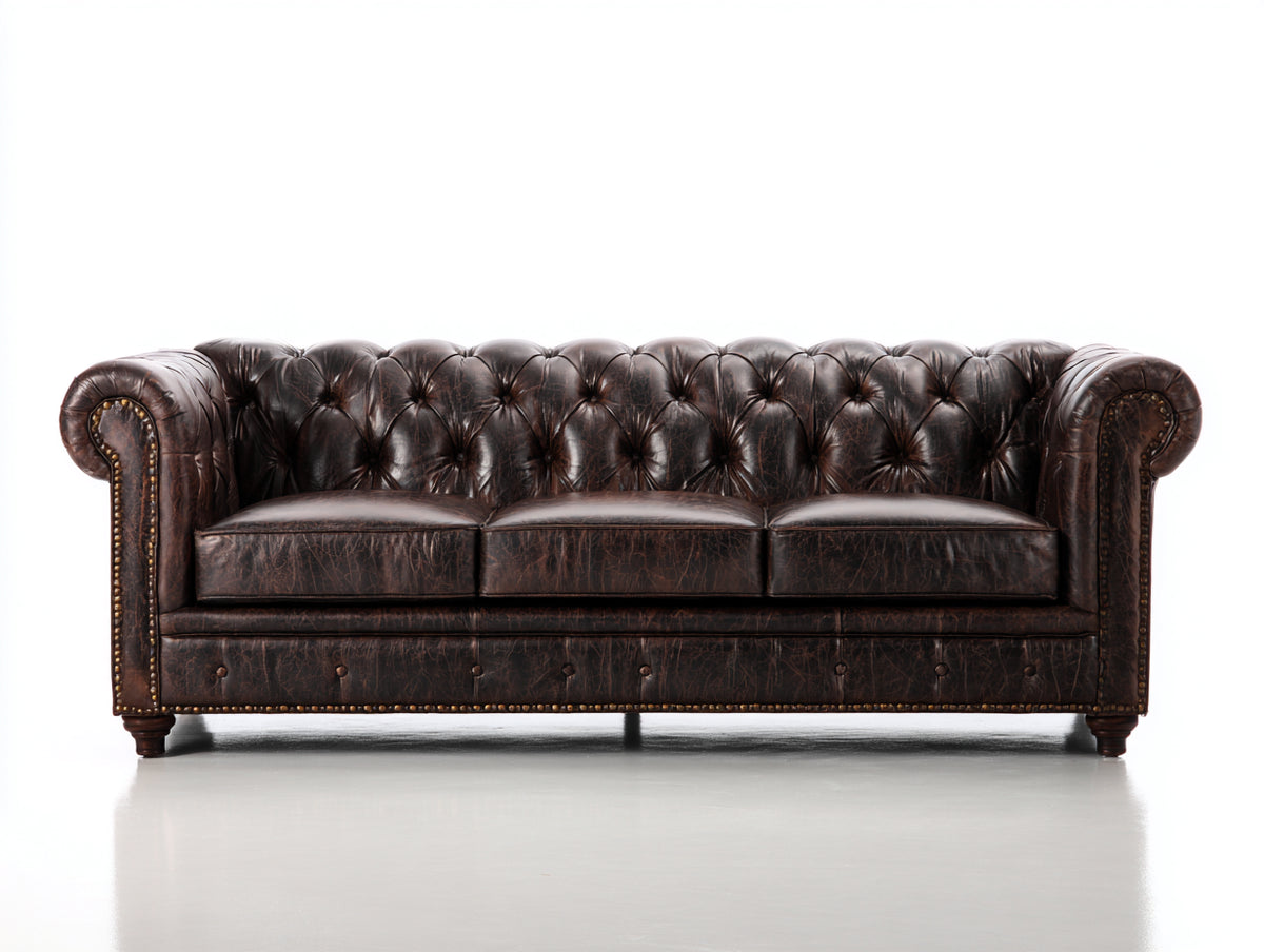 Canapé 3 places - Cuir - 221 x 93 x 80 cm - Brun espresso - Style Chesterfield capitonné