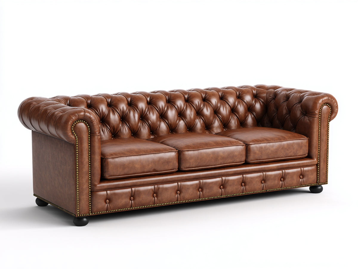 Canapé 3 places - cuir - 218x92x76 cm - marron - style Chesterfield